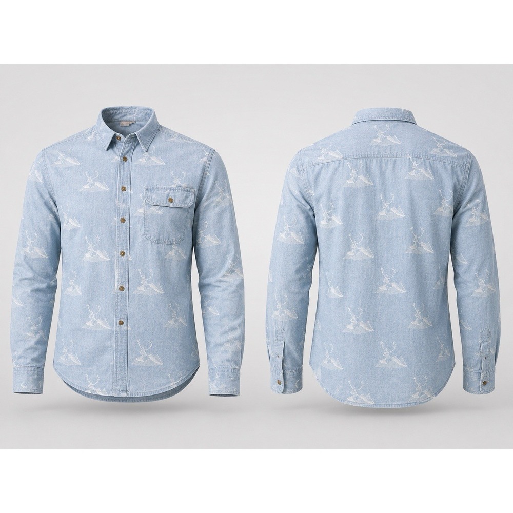 Ruff Hewn Denim Shirt Vintage Buttonup Denim W/ Deer Embossed Pattern XL